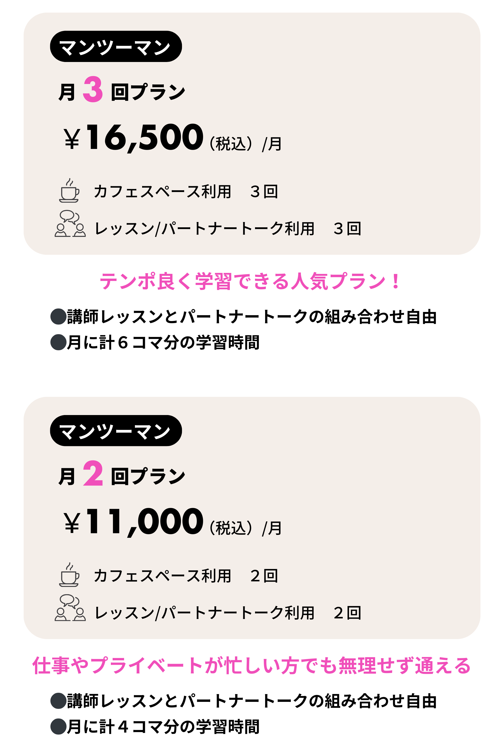 マンツーマン月2回、月3回プランのご案内